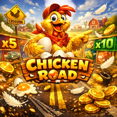 Bright Chicken Road slot promo with a funny chicken, coins, and road lanes for a lively casino game feel.