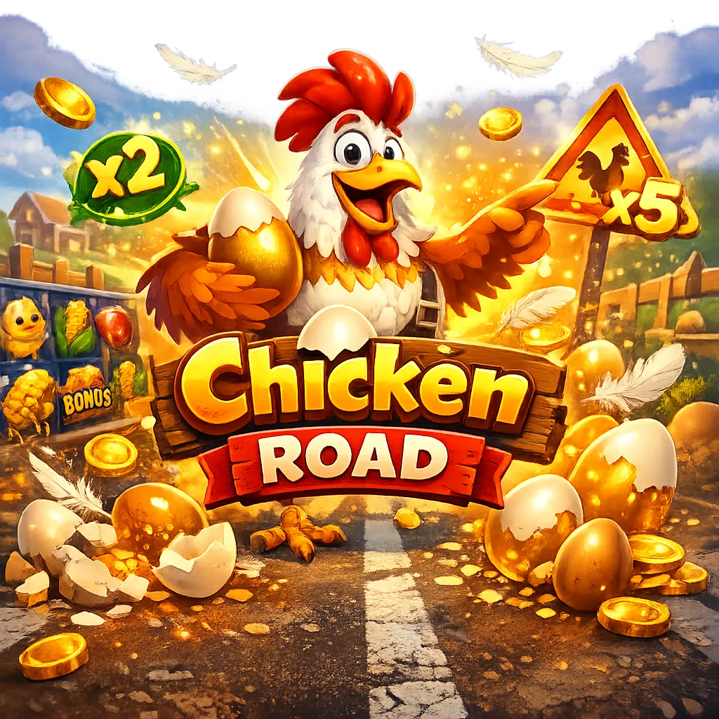 Dynamic promo image for Chicken Road slot game featuring humorous chickens and road-themed elements