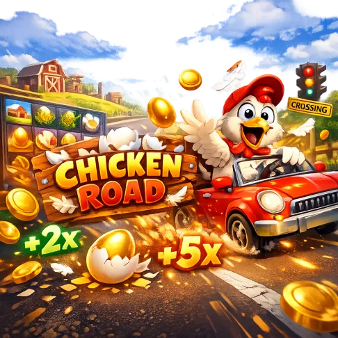 Vibrant promo image with cartoon chicken, road lanes, coins, and playful elements for Chicken Road slot game.