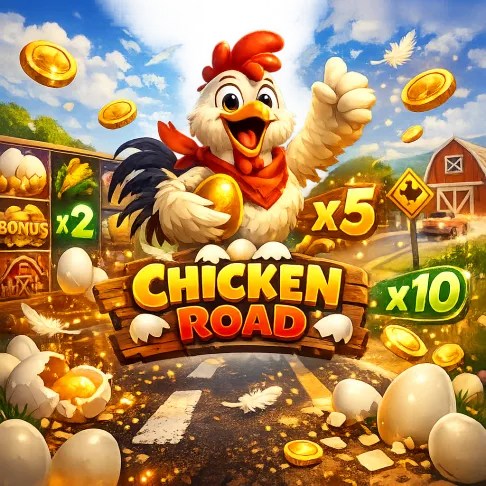 Dynamic promo image of Chicken Road slot with a funny chicken, road lanes, eggs, coins, and playful energy.